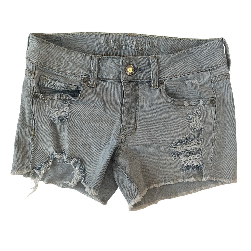 American Eagle Women's Size 4 Midi Light Wash Jean Shorts Distressed Rough Hem